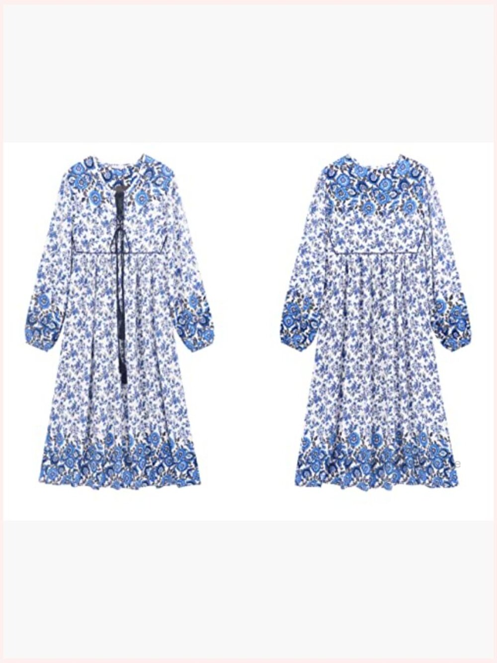 Long Sleeve Floral Print V Neck Tassel Bohemian Midi Dress - Picture 6 of 7